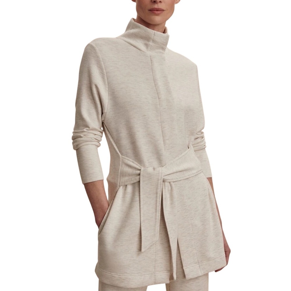 Varley Oatmeal Belted Funnel-Neck Cape Jacket